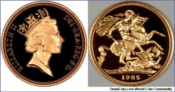 1985 saw the introduction of the Third (Maklouf) portrait on British coins. On gold sovereigns, it only occurs on proof versions, as no uncirculated 'bullion' versions were issued between 1983 and 1999 inclusive, the Maklouf portrait was used from 1985 to 1997 inclusive.