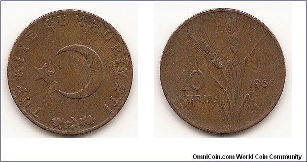 10 Kurus
KM#891.1
4.0000 g., Bronze, 21.3 mm. Obv: Star and crescent Rev: Oat
stalks divide date and value