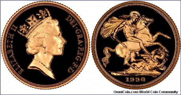 The 1990 gold sovereign reverted to the familiar Saint George and dragon reverse, and the Maklouf portrait, after the one-off design of 1989.
