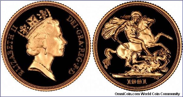 Only 4,713 individual sovereigns were issued in 1991, plus a further 1,336 in 4-coin sets, and 	1,152 in 3-coin sets. Proof only.