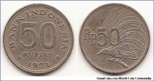 50 Rupiah
KM#35
6.0000 g., Copper-Nickel, 24 mm. Obv: Stars flank date below
denomination Rev: Greater Bird of Paradise