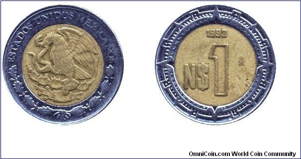 Mexico, 1 new peso, 1993, Steel-Al-Bronze, bi-metallic.                                                                                                                                                                                                                                                                                                                                                                                                                                                             