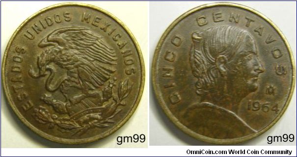 Obverse: Eagle standing left on cactus, snake in beak,
ESTADOS UNIDOS MEXICANOS
Reverse: White Josefa right,
CINCO CENTAVOS date