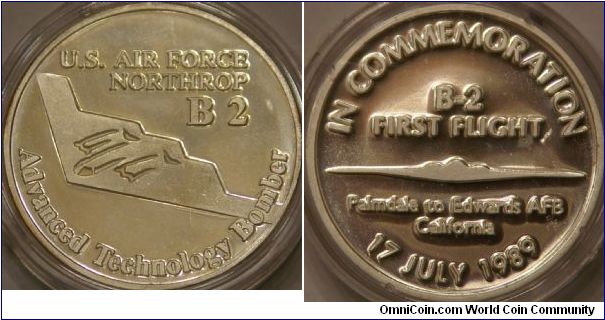B-2 Stealth Bomber first flight commemorative coin, Ag, 39 mm