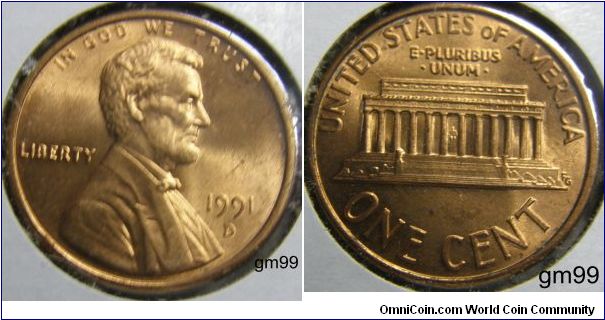 1991D LINCOLN CENT, MEMORIAL REVERSE