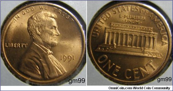 1991 LINCOLN CENTS, MEMORIAL REVERSE