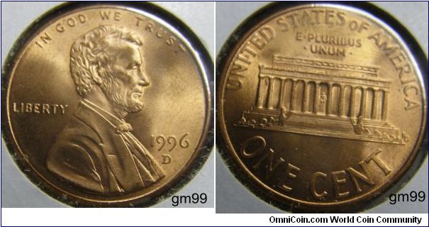 LINCOLN CENTS, MEMORIAL REVERSE. 1996D