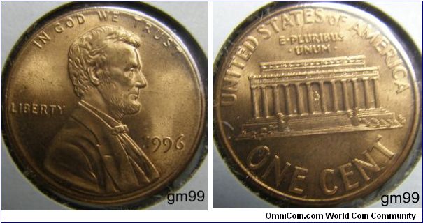 LINCOLN CENTS, MEMORIAL REVERSE. 1996