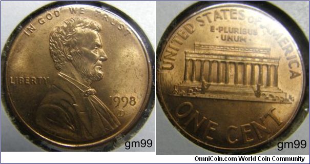 LINCOLN CENTS, MEMORIAL REVERSE. 1998D