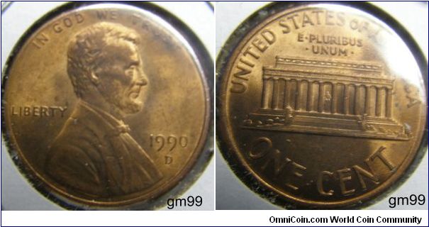 LINCOLN CENTS, MEMORIAL REVERSE. 1990D