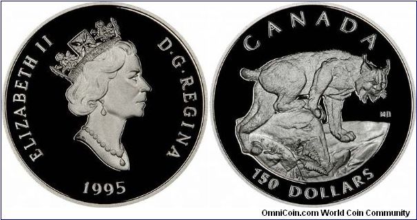 This Canada Lynx is supposed to be shown prowling according to the notes on its certificate. We found it lurking in one of our safes while we were checking our platinum stocks today. This is a $150 half ounce proof, issued on its own in an impressively large box, it was also issued as part of a 4-coin set.