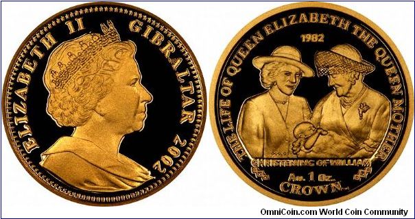 Three generations of the British Royal Family, the Queen Mother and Princess Diana appear with Prince William at his Christening in 1982 on this 2002 date one ounce gold proof crown, with a mintage of only 100 pieces. This coin has another dodgy certificate from Westminster Collections. This one states the coin to weigh '28.28g'. It actually weighs 31.1053 grams. We guess somebody in their office was told to convert one ounce into grams, and did not know they were dealing with troy ounces. We ha