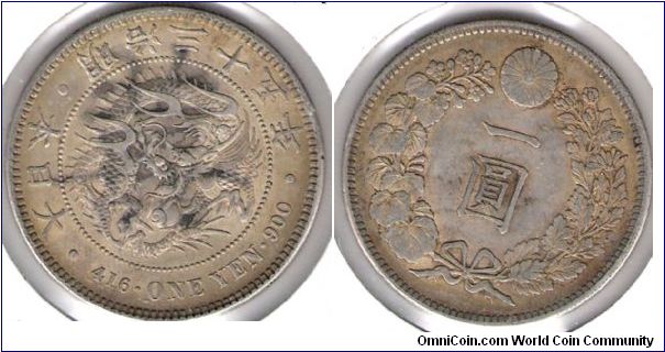 Meiji year 35, 1 Yen.
Obverse features a Banker's Ink chop across the front.