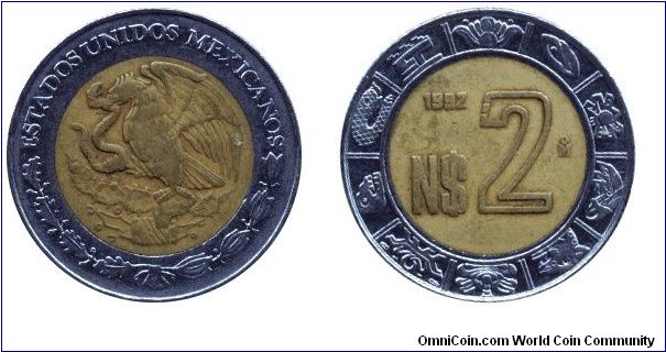 Mexico, 2 new pesos, 1992, Steel-Al-Bronze, bi-metallic.                                                                                                                                                                                                                                                                                                                                                                                                                                                            