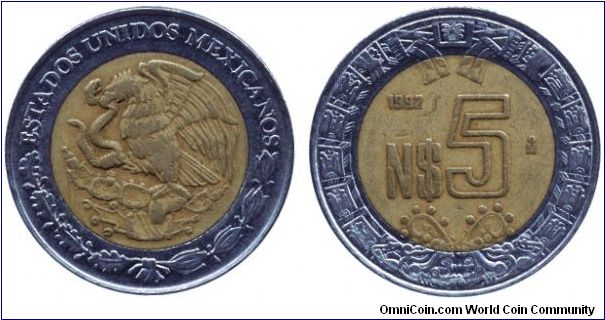 Mexico, 5 new pesos, 1992, Steel-Al-Bronze, bi-metallic.                                                                                                                                                                                                                                                                                                                                                                                                                                                            