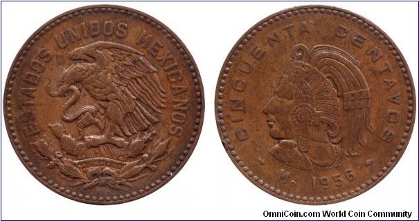 Mexico, 50 centavos, 1956, Bronze, Cuauhtemoc.                                                                                                                                                                                                                                                                                                                                                                                                                                                                      