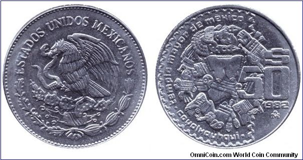 Mexico, 50 pesos, 1982, Cu-Ni, Coyolxauhqui.                                                                                                                                                                                                                                                                                                                                                                                                                                                                        