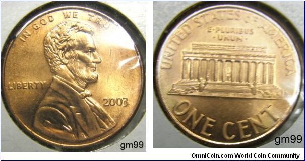 LINCOLN CENT, MEMORIAL REVERSE, 2003 Mintmark: None (for Philadelphia, Pennsylvania) below the date