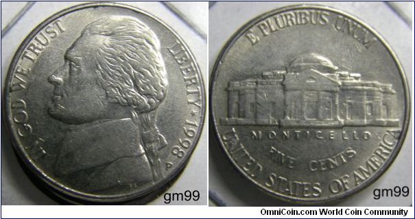 JEFFERSON FIVE CENTS, Full hair on Obverse, Full steps on Reverse. 1998P