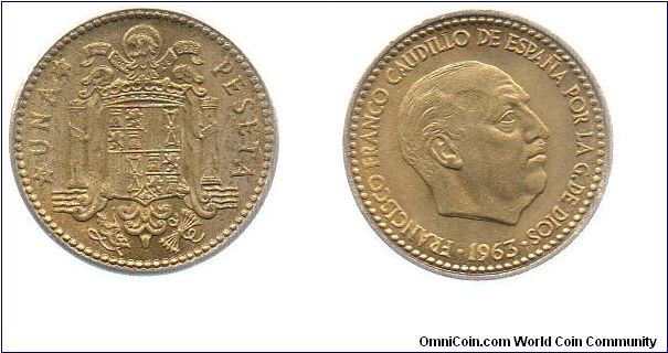 Spain 1963 1 peseta - this one is uncirculated, but the strike is weak, so the exact date is unclear.