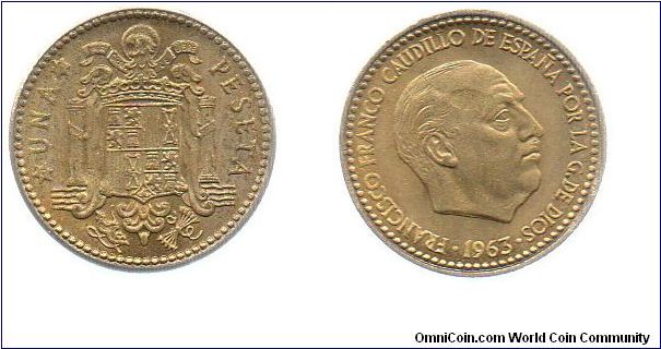Spain 1963 1 peseta - this one is uncirculated, but the strike is weak, so the exact date is unclear.