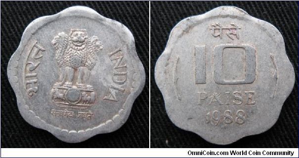 Republic of India, 10 paise, Al-Mg, Ashoka's Pillar obverse, scalloped.