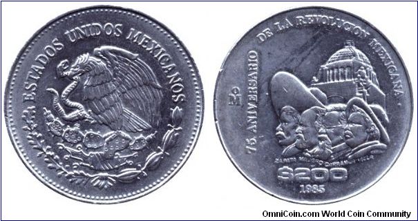 Mexico, 200 pesos, 1985, Cu-Ni, 75 Anniersario de la Revolucion Mexicana, Zapata, Madero, Carranza, Villa.                                                                                                                                                                                                                                                                                                                                                                                                          