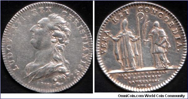Silver jeton issued for the parish of St Germain (Paris) during the reign of Louis XVI. Bust of Louis XVI obverse by Droz. The reverse bears the date of the reverse die, i.e. 1734. Another in my collection was issued during the reign of Louis XV and bears his bust obverse.