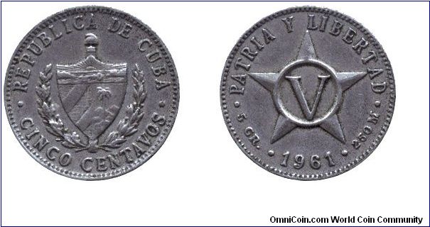 Cuba, 5 centavos, 1961, Cu-Ni, Patria Y Libertad.                                                                                                                                                                                                                                                                                                                                                                                                                                                                   