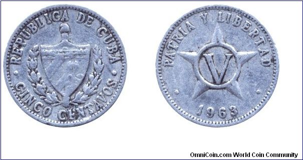Cuba, 5 centavos, 1963, Al, Patria Y Libertad.                                                                                                                                                                                                                                                                                                                                                                                                                                                                      