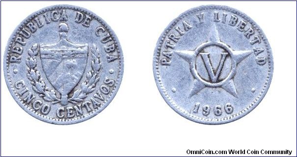 Cuba, 5 centavos, 1966, Al, Patria Y Libertad.                                                                                                                                                                                                                                                                                                                                                                                                                                                                      