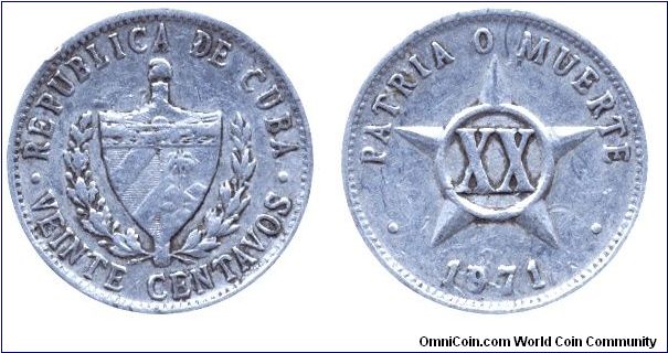 Cuba, 20 centavos, 1971, Al, Patria O Muerte.                                                                                                                                                                                                                                                                                                                                                                                                                                                                       