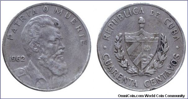 Cuba, 40 centavos, 1962, Cu-Ni, Camilo Cienfuegos Gornaran.                                                                                                                                                                                                                                                                                                                                                                                                                                                         