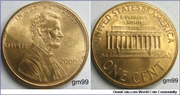 LINCOLN CENT, MEMORIAL REVERSE,2000D