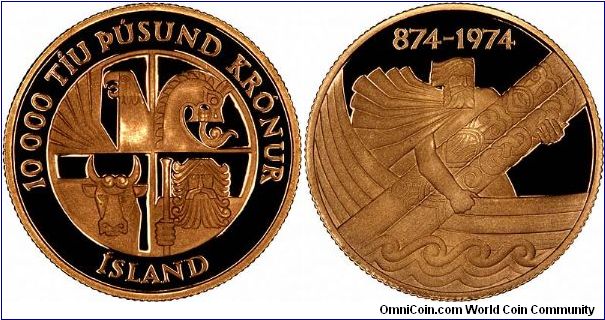 Iceland issued very few gold coins. Indeed it seems to have done so on only three occasions, which range from 1961 to 2000.
We show a 1974 proof 10,000 kronur, issued to celebrate Iceland's 1,100th anniversary, 874 to 1974. Mintage only 8,000 pieces.