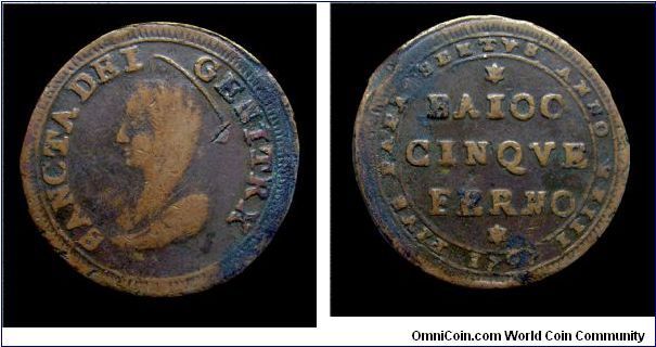 Papal States- Pius VI - 5 Baiocchi - Mint of Fermo - Mm 32 (Var. wrong legend: GENITRX instead of GENITRIX)