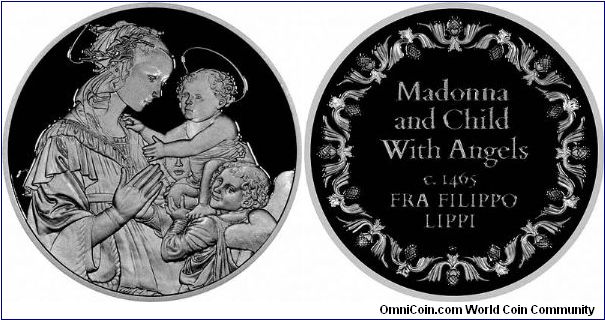 Madonna & Child with Angels, circa 1465, by Fra Filipo Lippi. One of a collection of 100 'Greatest Masterpieces' silver medallions, issued by John Pinches medallists, later part of Franklin Mint.