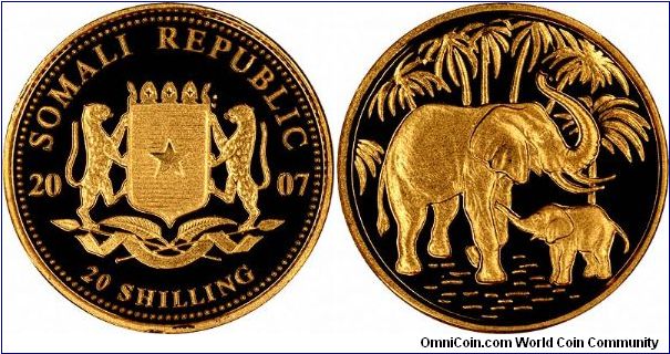Mother and baby elephants on reverse of 2007 Somalian gold proof 20 shillings.