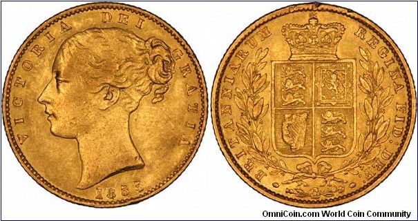 1855 Victoria shield sovereign. There are two varieties, one with the engraver's initials WW incuse as this example, the other with WW raised in relief. Both types occur with approximately equal frequency.