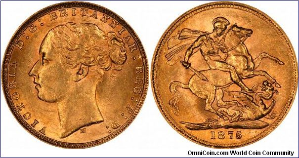 This just happens to be a particularly nice specimen of an 1875 Victoria sovereign with Saint George & dragon reverse. Common in lower grades, we have noticed increased demand from collectors for better grade examples. This one from the Melbourne Mint.