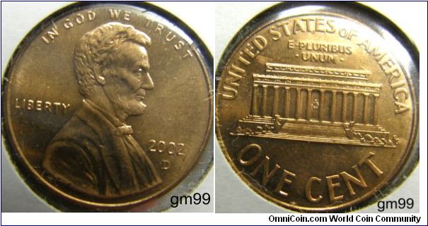 LINCOLN CENT, MEMORIAL REVERSE,2002D