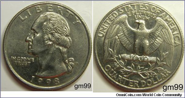 Last year minted with A spread-winged heraldic eagle adorns the reverse, encircled by UNITED STATES OF AMERICA and E PLURIBUS UNUM above, and QUARTER DOLLAR and a wreath below.1998D,Mintmark: D (for Denver, CO) on the obverse just right of the ribbon
