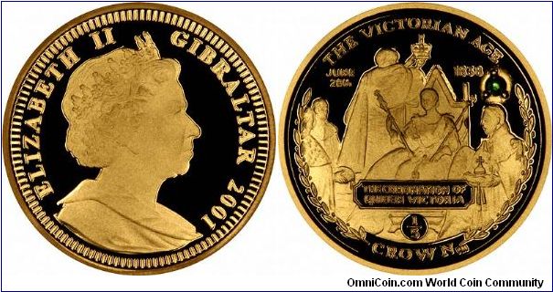 The Victorian Era, or its centenary, was the excuse or reason for the issue of a set of 4 gold proof one fifth one 'crowns' by Gibraltar, each commemorating a different event in Queen Victoria's life. Each is also set with a precious gemstone. This one marks the Coronation on 28th June 1838, and is set with an emerald.