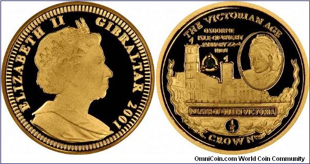 Set with a black sapphire, this fifth ounce gold proof crown commemorates the death of Queen Victoria at Osborne House on 22nd January 1901. Part of a four coin set.