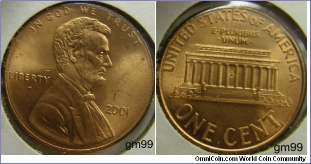 LINCOLN CENT, MEMORIAL REVERSE, 2001,Mintmark: None (for Philadelphia, Pennsylvania) below the date