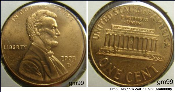 LINCOLN CENT, MEMORIAL REVERSE, 2003D,Mintmark: D (for Denver, CO) below the date