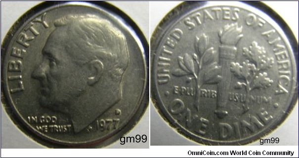 Franklin Delano Roosevelt Dime, 1977D, Mintmark: D (for Denver, CO) above the date