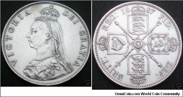 Not so New!
The double florin was first issued in1887 under Queen Victoria, but it was not a completely new idea as a four shilling coin had been issued as early as 1604 under James I.

James I Thistle Crown
Under James I, there were a number of changes made to the coinage, particularly to the gold coin denominations.
James I of England was also James VI of Scotland. He had been James VI of Scotland since 1567, and acceded to the British Throne in 1603.