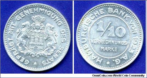1/10 verrechnungmarke.
Hamburg notgeld.
Mintage 8,600,000 units.


Al.