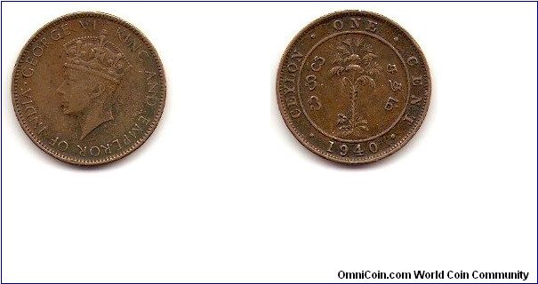 Ceylon
1 cent
George VI
with PM below bust